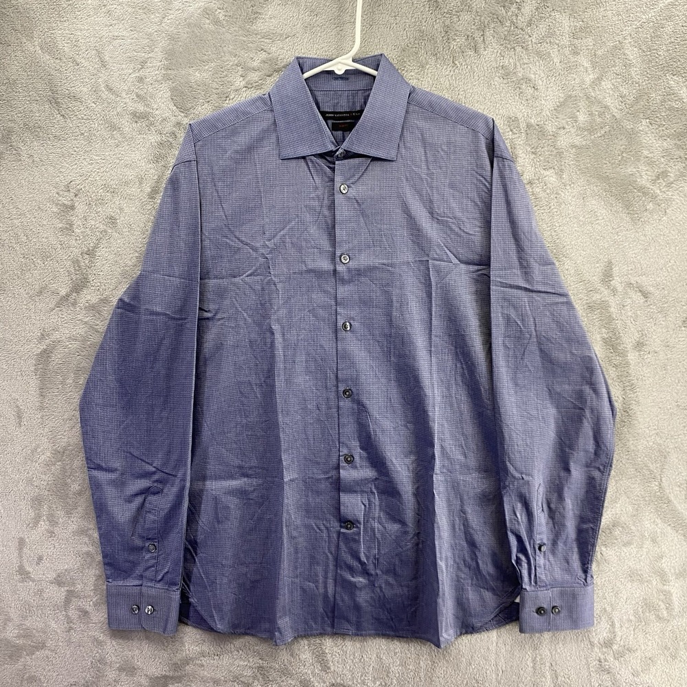 John Varvatos Star USA Button Down Shirt Men Size 16 34/35 Blue Checked Slim Fit